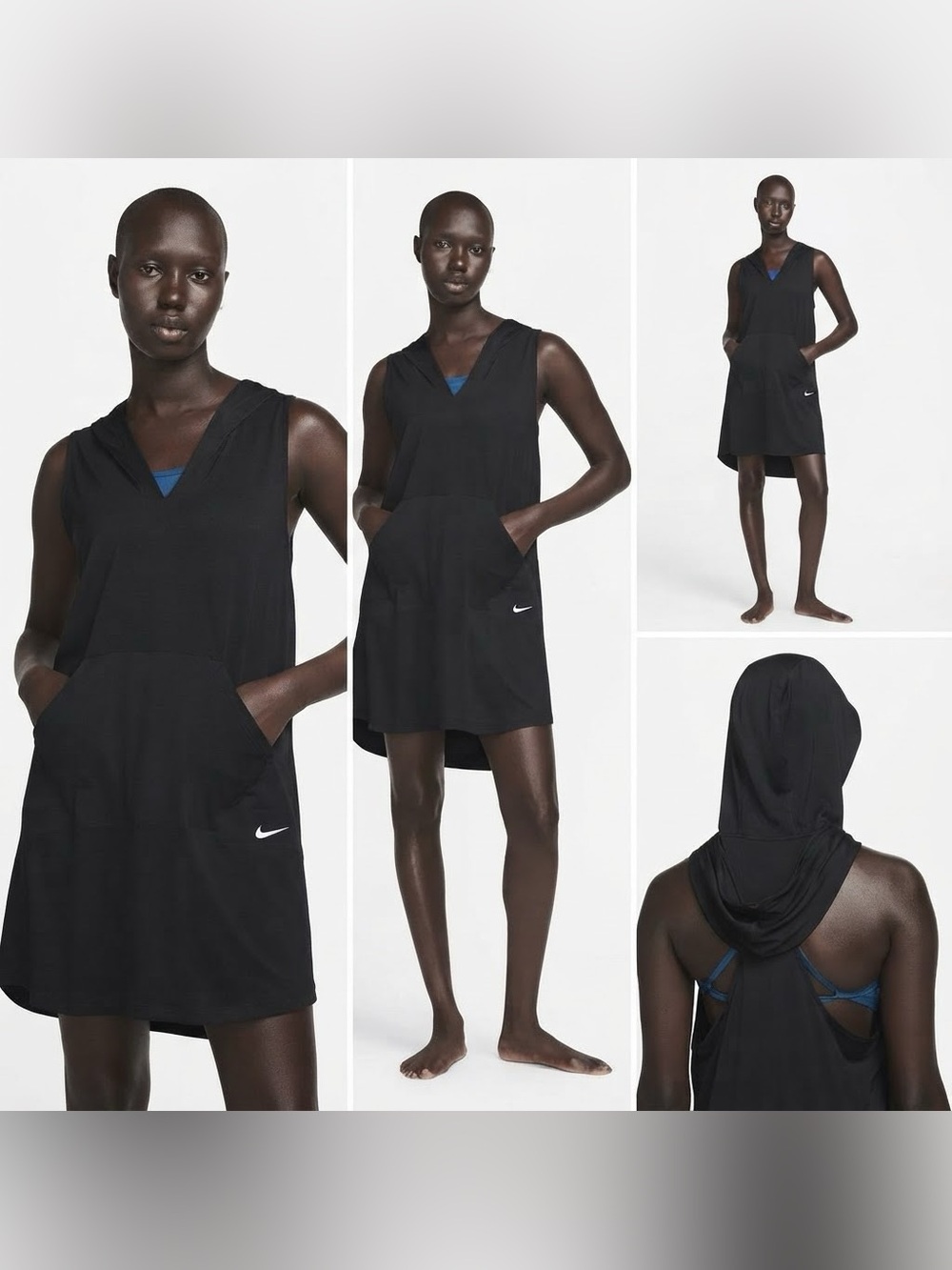 Nike Athletic Hooded Dress Swim Cover-Up Women Size S Black V-Neck Pockets
